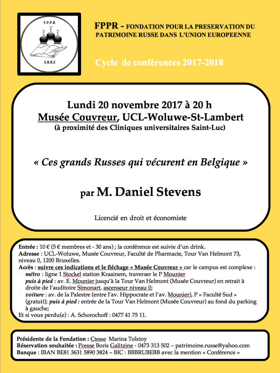 Affiche. FPPR. Conférence « Ces grands russes qui vécurent en Belgique. » par Daniel Stevens. 2017-11-20